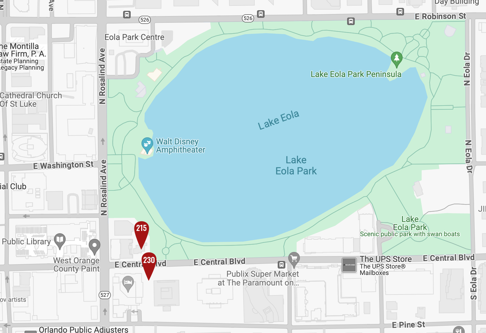 google map with lake eola and two properties highlighted